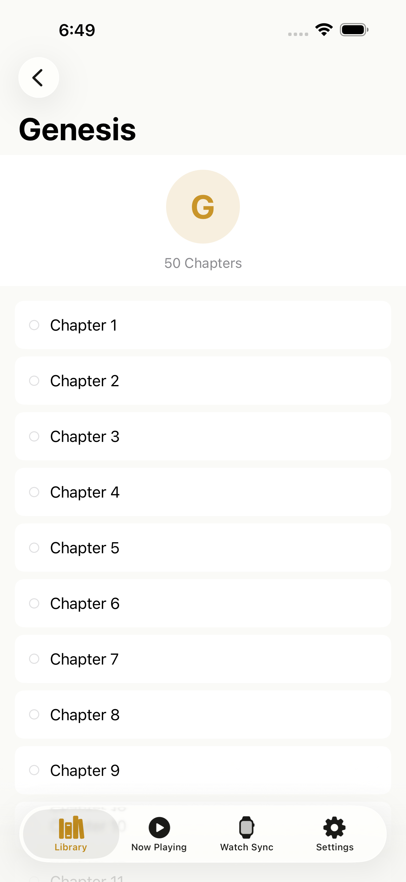 Hearken chapter list showing listening progress for each chapter