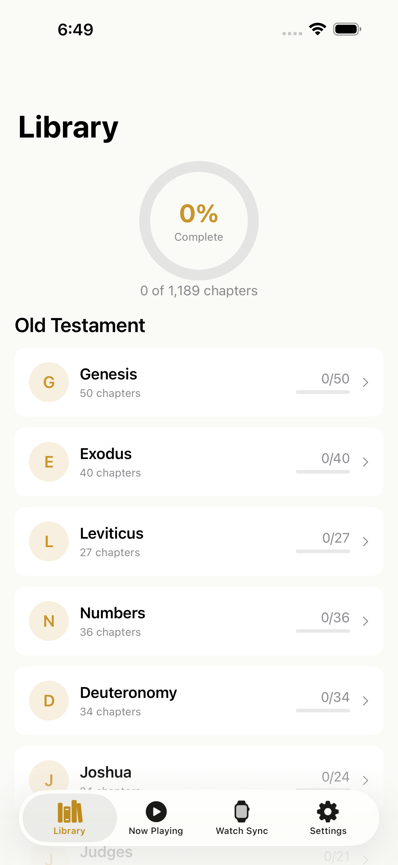 Hearken app displaying all 66 Bible books in a browsable library on iPhone