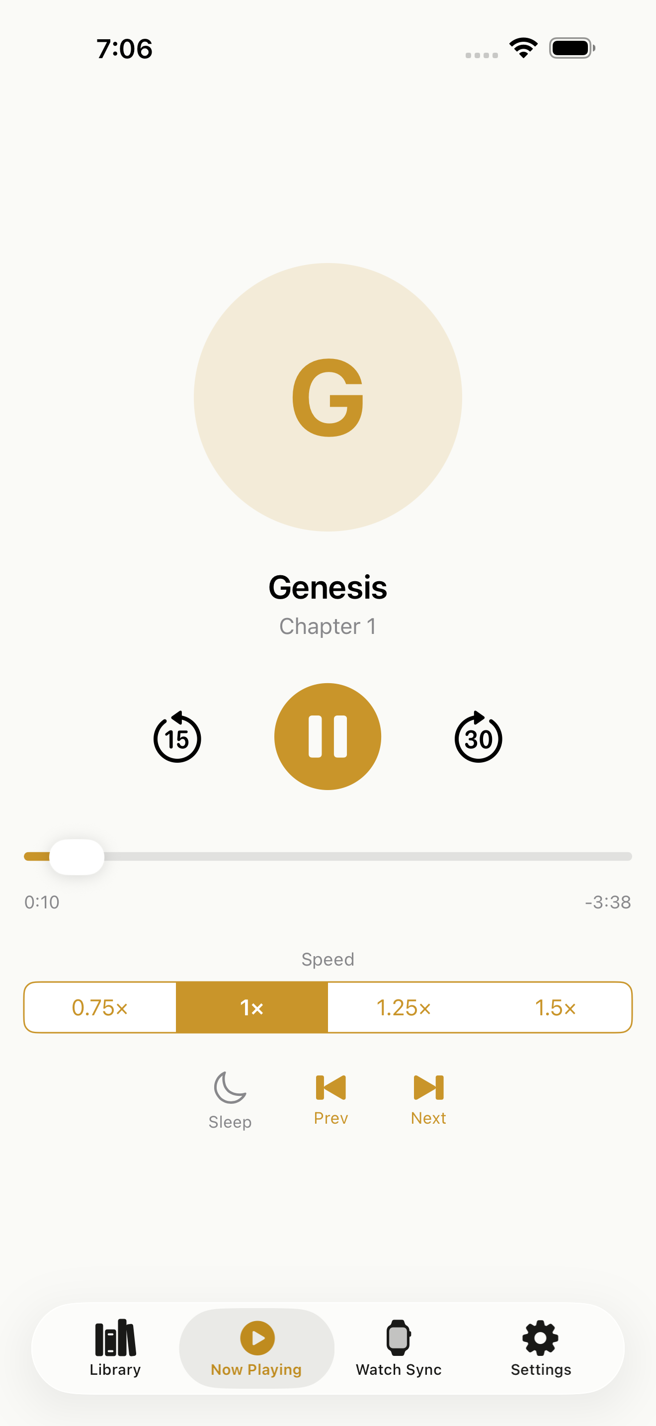 Hearken Now Playing view with audio controls and verse display