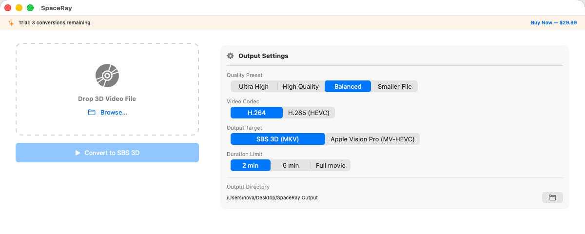 SpaceRay app showing Blu-ray 3D to spatial video conversion queue on macOS