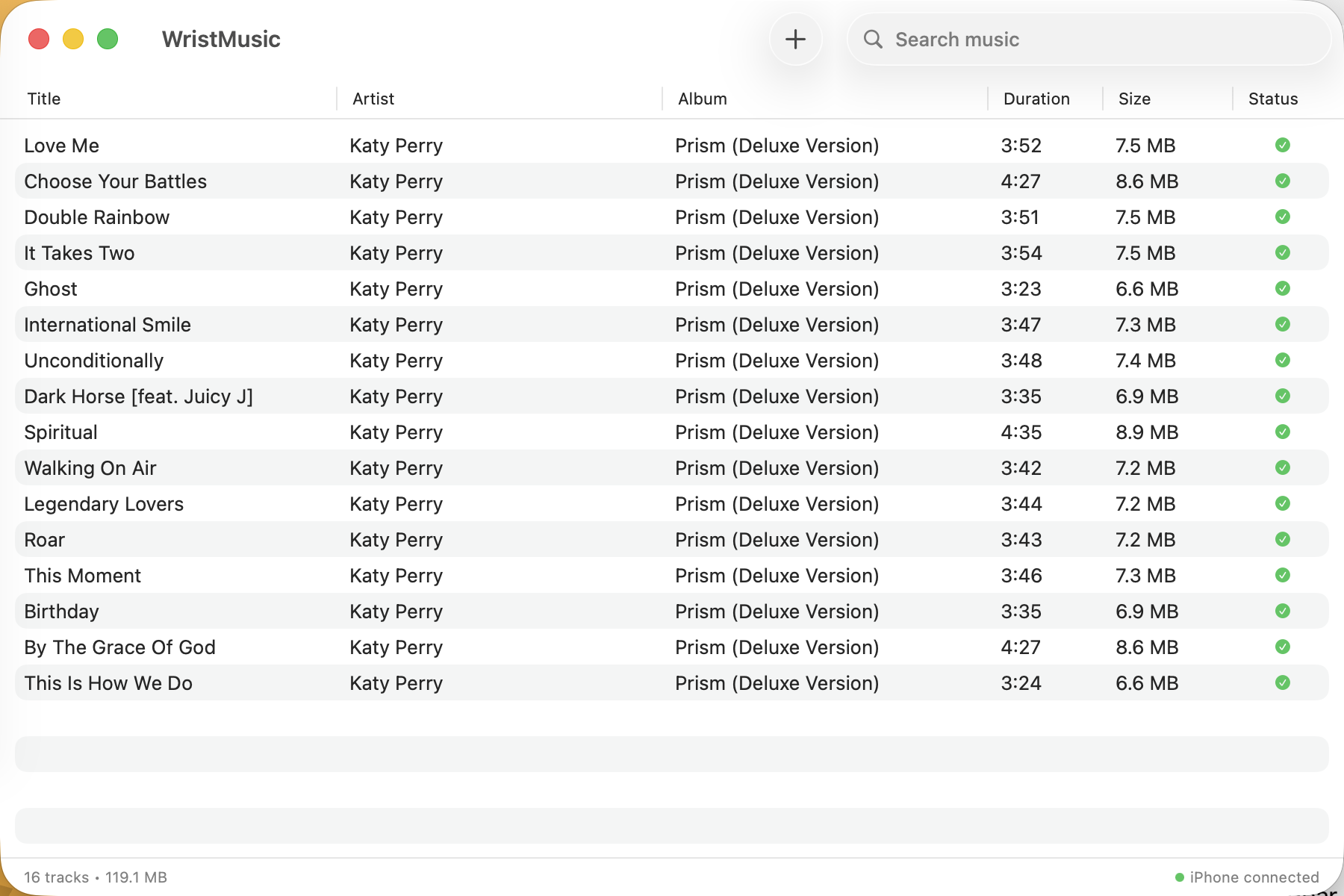 WristMusic Sync showing music library and WiFi sync controls